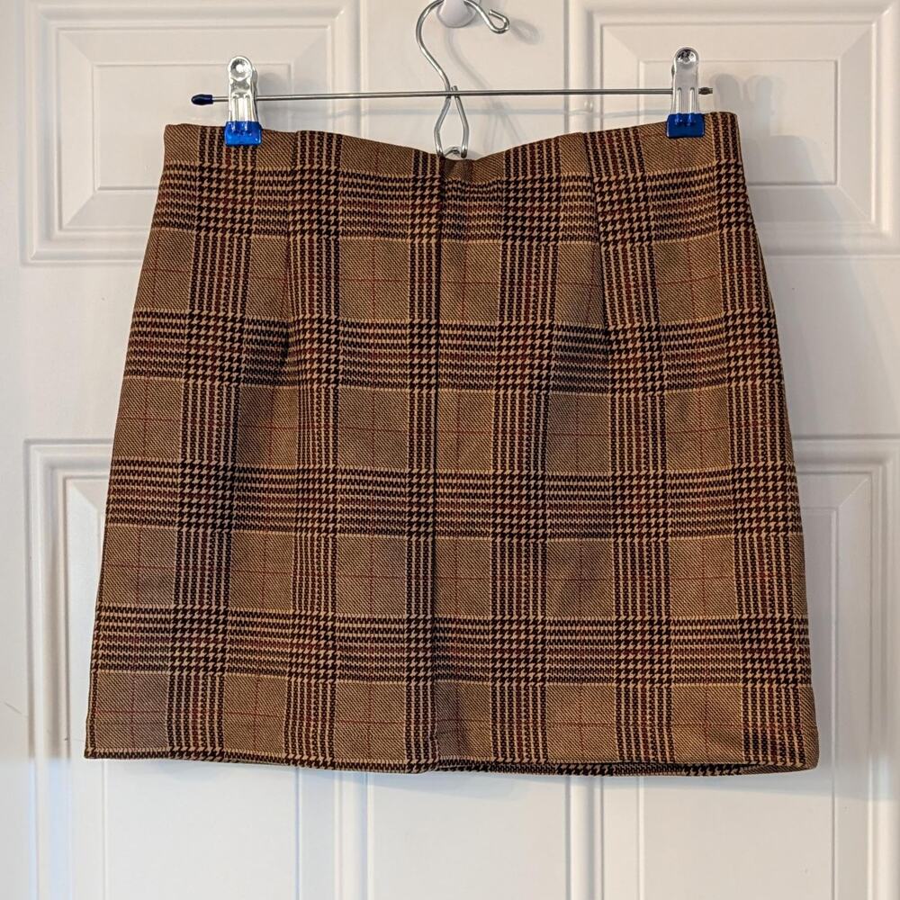 New Chocolate USA Brown Plaid Mini Skirt Medium Academia Preppy Fall - Picture 3 of 8